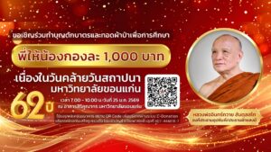 📣 มหาวิทยาลัยขอนแก่น ขอเชิญร่วมทำบุญตักบาตรและทอดผ้าป่าเพื่อการศึกษาเนื่องในโอกาส วันคล้ายวันสถาปนามหาวิทยาลัยขอนแก่น ครบรอบ 62 ปี วันที่ 25 มกราคม 2569